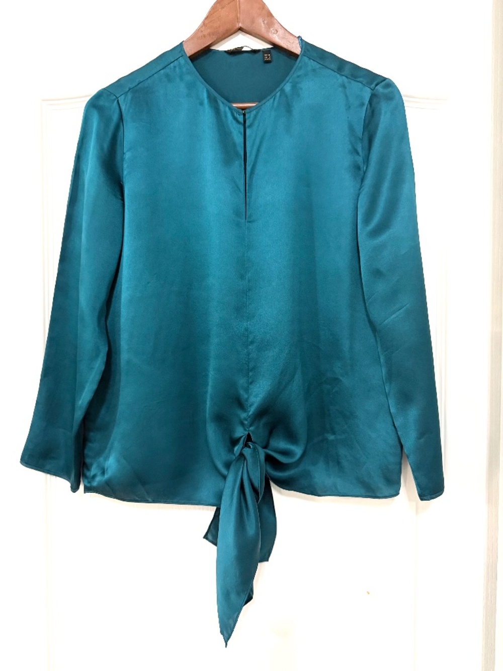 Massimo Dutti 100% Mulberry Silk Teal Satin Draped Knot Top Size 4